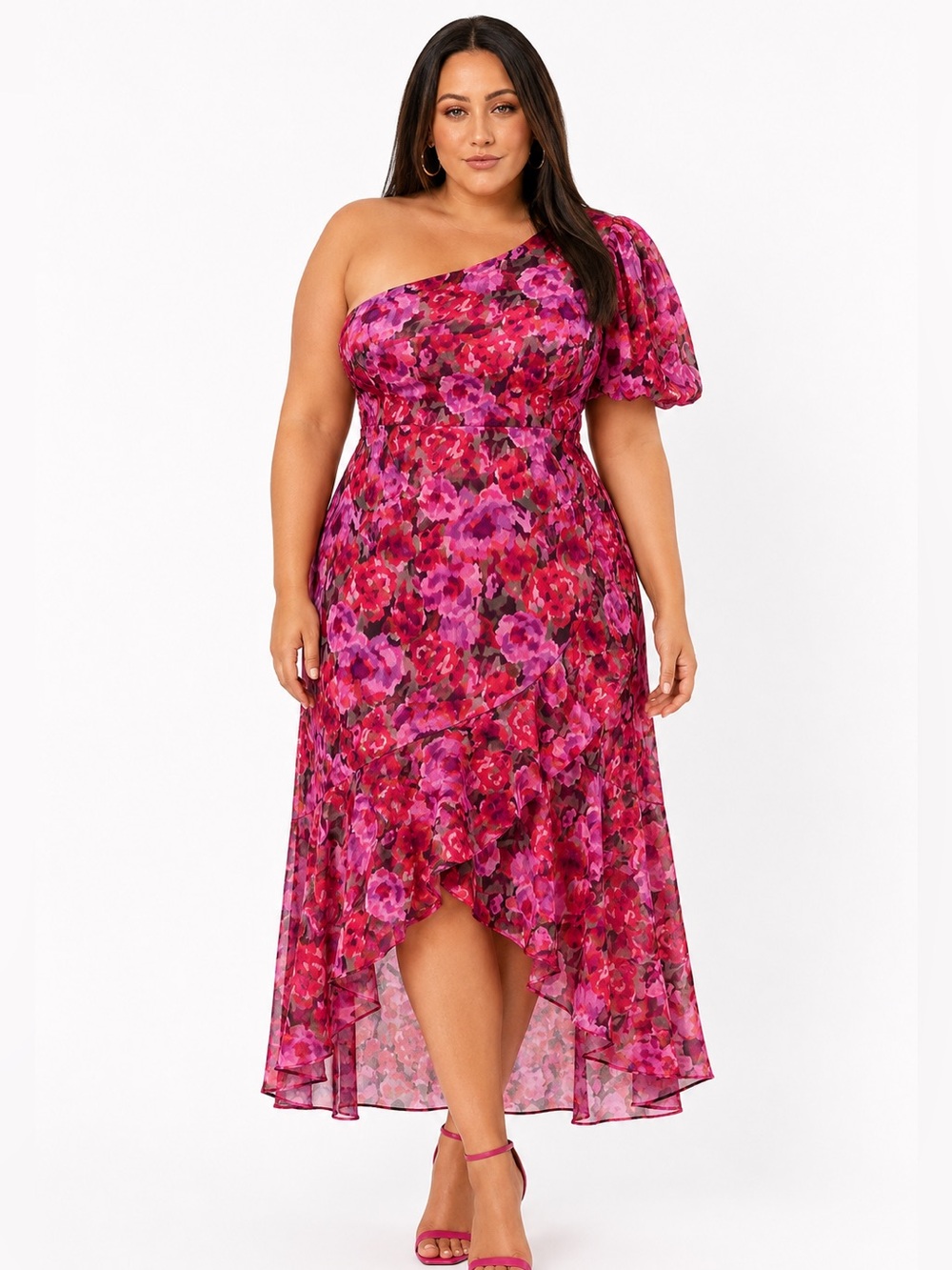 Showpo Clabelle Midi Dress US 14 One Shoulder Floral Tulip Hem Wedding Guest